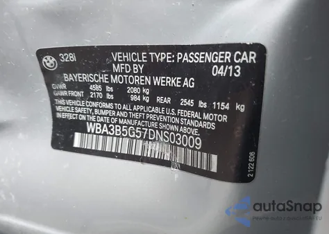 2013 BMW 328I xDrive from USA, damaged, VIN WBA3B5G57DNS03009